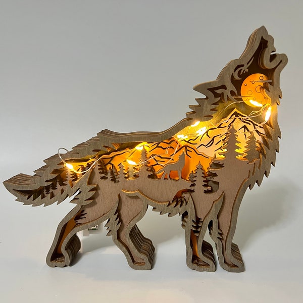 Wooden Carving Animal, Illuminate Your Space with 3D Carved Wooden Wolf and Bear Lamp–A Masterpiece for Artful Decor and Thoughtful Gifting!