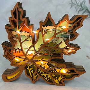 Exquisite 3D geschnitzte Ahornblatt-Lampe, die Schönheit der Holznatur, Leuchtensymbol, Tischdekorationen, Wanddekoration, Geschenkkunst und Wärme