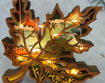 Exquisite 3D Carved Maple Leaf Lamp, Wooden Nature&#39;s Beauty, Luminary Symbol,Tabletop Decorations, Wall Decoration,Gift Artistry and Warmth
