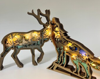 3D Carved Wooden Wolf & Deer Lamp,Wooden Christmas ornament,Desktop ornaments, A Perfect Blend of Artistry and Warmth Ornament With Lights