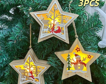 Lámpara/adorno de árbol de Navidad con forma de estrella tallada en madera 3D, luces navideñas, decoración de escritorio navideña, lámpara colgante para árbol de Navidad