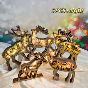 Wooden 3D Carved Deer Ornament Lamp/Christmas Deer Carvings Gift, Christmas Lights,Christmas Desk Decor, Christmas Wooden Reindeer Sculpture