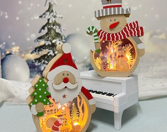 Lámpara decorativa de madera tallada en 3D con Papá Noel y muñeco de nieve con gorro de payaso / Adorno navideño tallado con luces, Regalo de invierno para niños, Decoración navideña