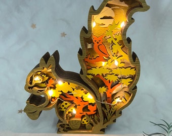 Forest Whispers-Illuminate Your Space with 3D Carved Wooden Squirrel Lamp, Forest Animal Ornament - Wooden Carving Animal,Custom Wooden Gift