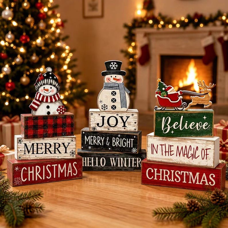 Rustic Christmas Stackable Wood Block Signs,tiered Tray Decor,snowman