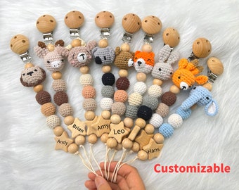 Clip per ciuccio personalizzata con animali all'uncinetto-Catena per ciuccio personalizzata per bambini Anello sonaglio-Clip per ciuccio personalizzata-Regalo di nuova nascita