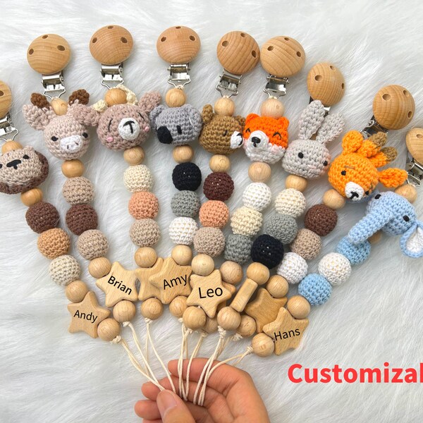 Clip per ciuccio personalizzata con animali all'uncinetto-Catena per ciuccio personalizzata per bambini Anello sonaglio-Clip per ciuccio personalizzata-Regalo di nuova nascita