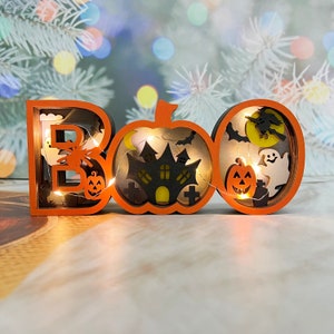 Letrero de madera tallado en 3D con forma de fantasma BOO, decoración de Halloween/Navidad, decoración de mesa, decoración de temporada, arte de regalo y símbolo luminoso.