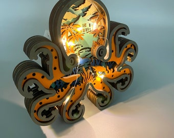 Decorazione 3D a forma di polpo in legno con luce - Polpi in legno personalizzati per bambini, regali a tema oceano, intaglio del legno - Decorazione in legno a forma di animale selvatico