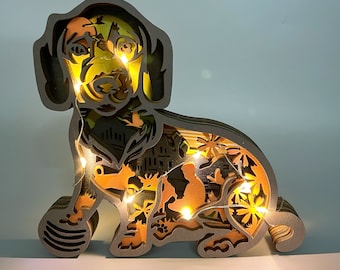 3D gesneden teckellamp - in hout gesneden 3D teckel hond met licht, bureaudecoratie, bosdier bureaublad speelgoed-gepersonaliseerd cadeau voor kinderen