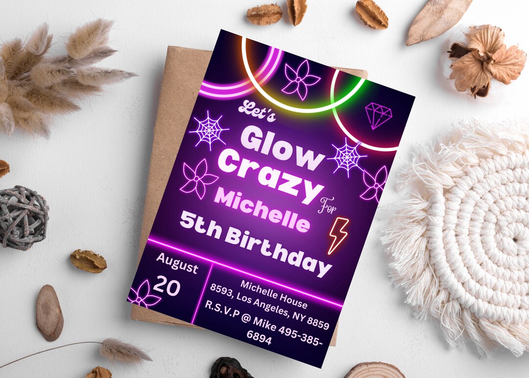 Kids Birthday Invitation Neon Glow Party Invitation Etsy