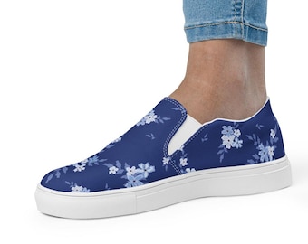 Zapatos de lona sin cordones para mujer con estampado floral azul
