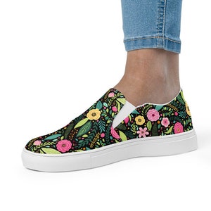 Black whimsical floral women’s slip-on canvas shoes, stylish and comfortable slip-on sneakers, colorful shoes, floral slip on shoes