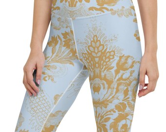 Leginsy do jogi capri jasnoniebieskie wzorzyste spodnie do jogi capri, spodnie capri, spodnie do jogi, odzież do jogi, spodnie do ćwiczeń, legginsy capri, spodnie skrócone
