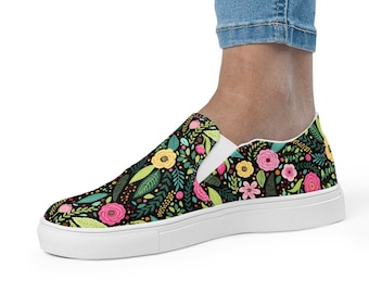 Black whimsical floral women’s slip-on canvas shoes, stylish and comfortable slip-on sneakers, colorful shoes, floral slip on shoes