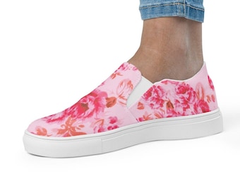 Zapatos de lona sin cordones para mujer rosas vintage rosas, zapatillas sin cordones elegantes y cómodas, zapatos coloridos, zapatillas florales