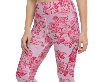 Pink toile yoga capri leggings, yoga pants, floral capris, flower pants, capri leggings, cropped pants, yoga tights, floral tights