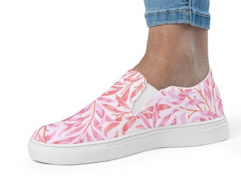 William Morris Willow print in pink women’s slip-on canvas shoes, stylish and comfortable slip-on sneakers, colorful shoes, slip on shoes