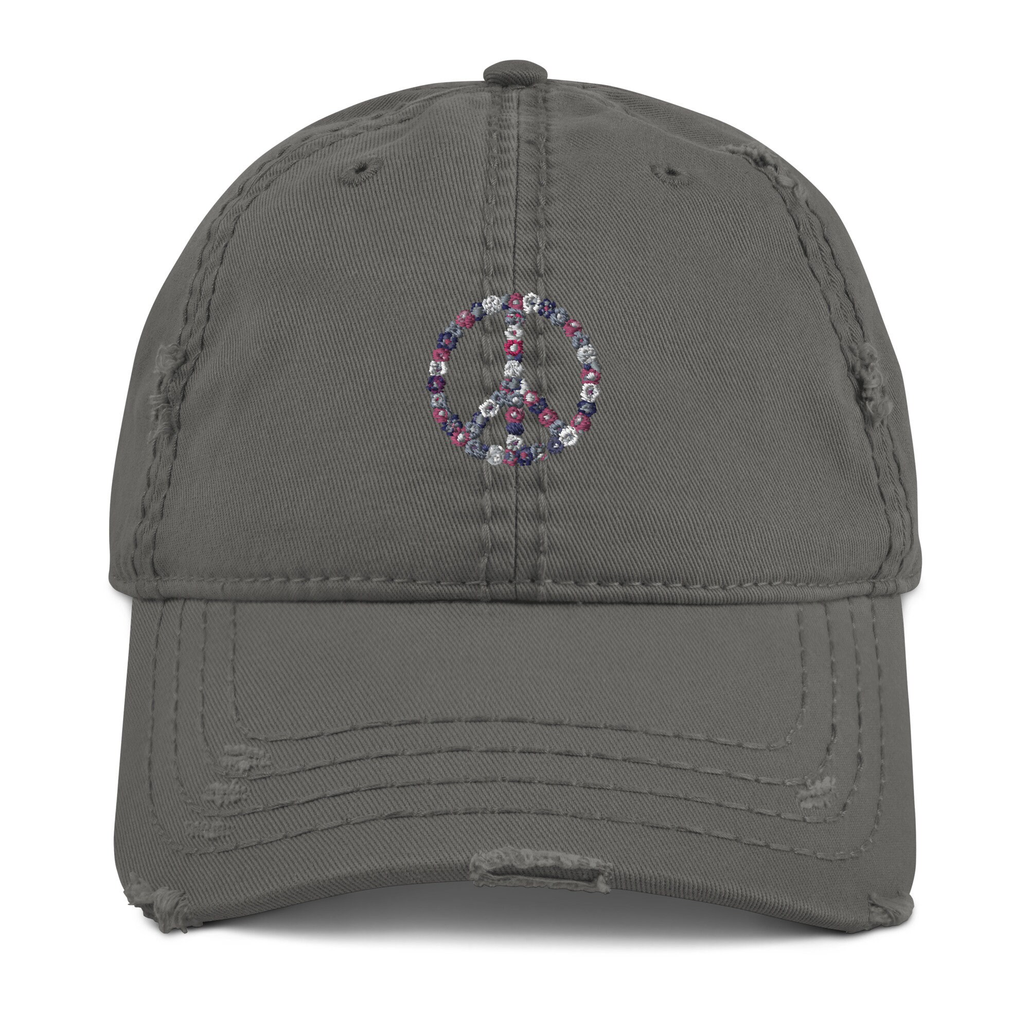 Embroidered Floral Peace Sign Distressed Baseball Hat - Etsy display picture 1