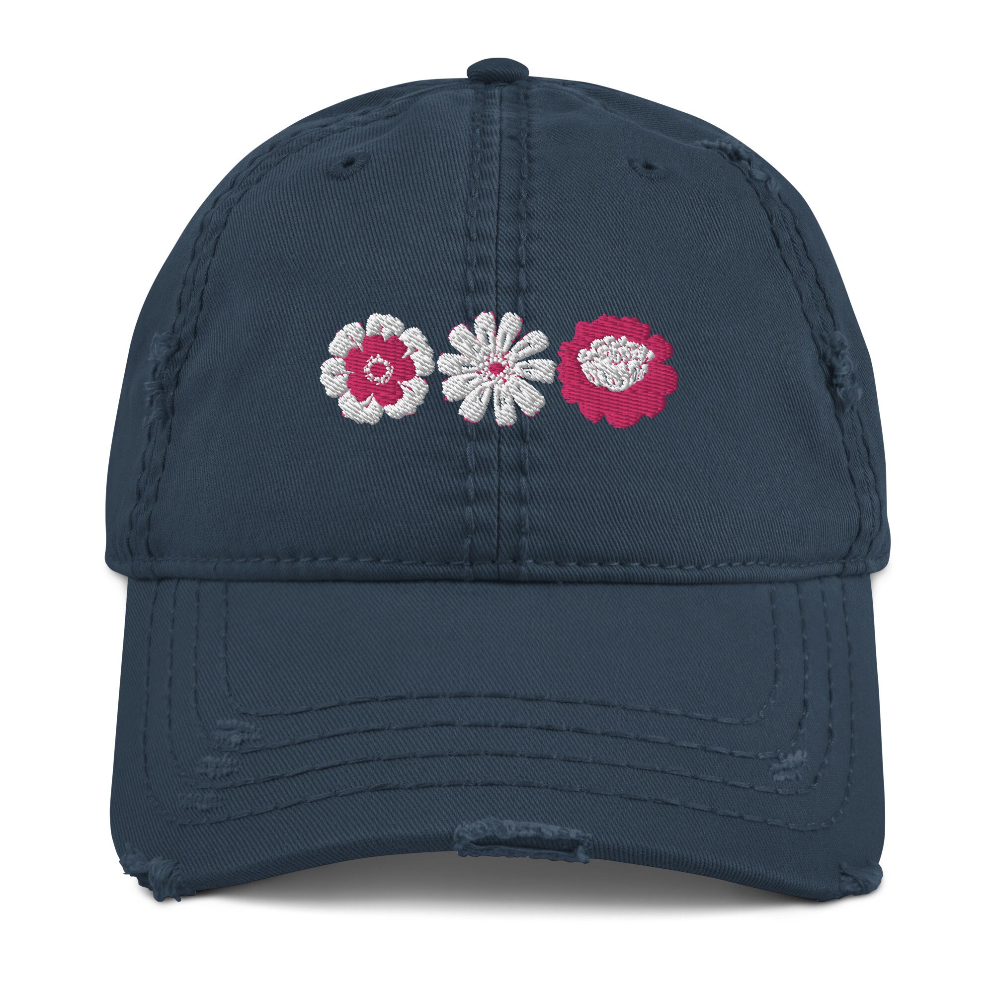 New Custom Designed Blue Distressed Baseball Cap with Embroidered Heel w Flowers Hand-embroidered Floral Hat, Distressed Garden Hat, Blue  main image 4