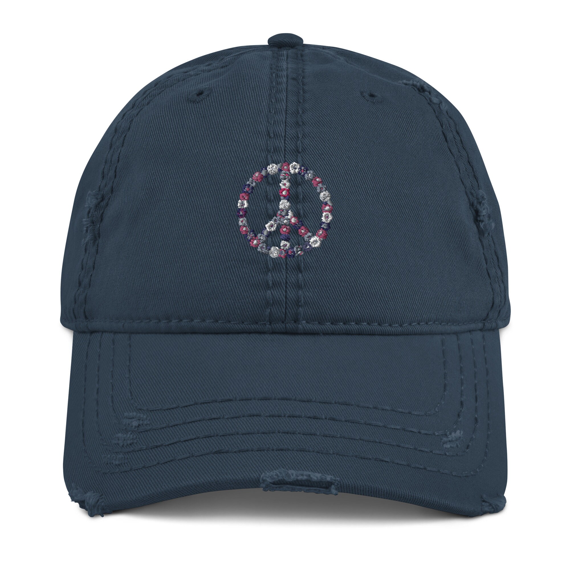 Embroidered Floral Peace Sign Distressed Baseball Hat - Etsy display picture 1