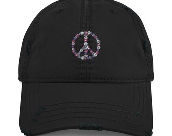 Embroidered floral peace sign distressed baseball hat