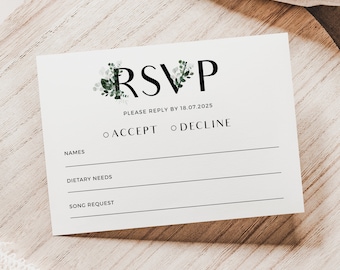 Plantilla de tarjeta RSVP de boda de eucalipto, tarjeta de respuesta verde moderna, tarjeta de inserción imprimible de follaje minimalista, RSVP de vegetación elegante, PDT006
