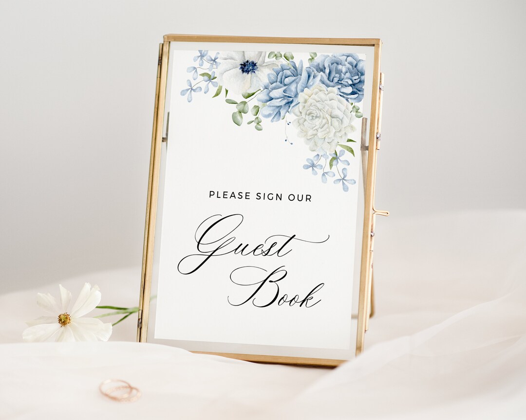 Dusty Blue Guest Book Sign Template, Light Blue Floral Printable Sign, Download and Print at ...