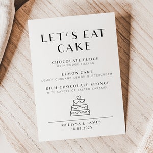 Moderne Let's Eat Kuchen Schild Vorlage, Kuchen Menü zum ausdrucken, minimalistisches Kuchenaroma Zeichen, Hochzeitsempfang Schild, Hochzeitstorte Symbol, PDT005