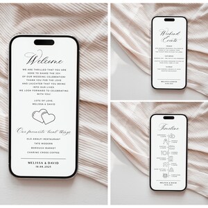 Puede incluir: Un conjunto de tres tarjetas de invitación de boda imprimibles con un diseño minimalista moderno. Las tarjetas tienen la forma de una pantalla de teléfono inteligente y presentan texto negro sobre fondo blanco. El texto incluye las palabras "Bienvenido", "Eventos del fin de semana" y "Cronograma".