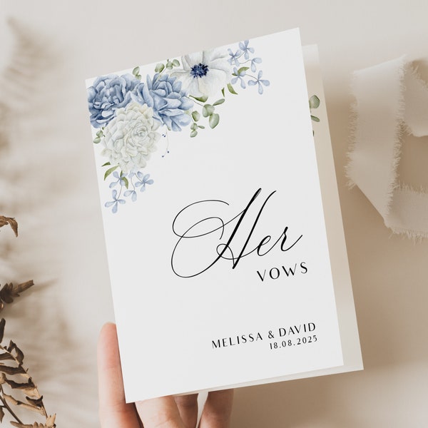 Dusty Blue Vows Booklet Template, Editable Modern Calligraphy His and Her Vows, Simple Personalized Vow Book, Custom Wedding Keepsake,PDT001