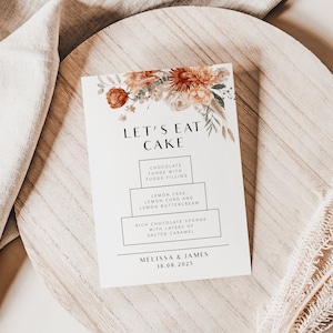 Terrakotta Kuchen Menü Schild Vorlage, Pampasgras Botanische Hochzeit Let's Eat Kuchen druckbare, Gebrannte Orange Stufe Hochzeitstorte Geschmack, PDT012