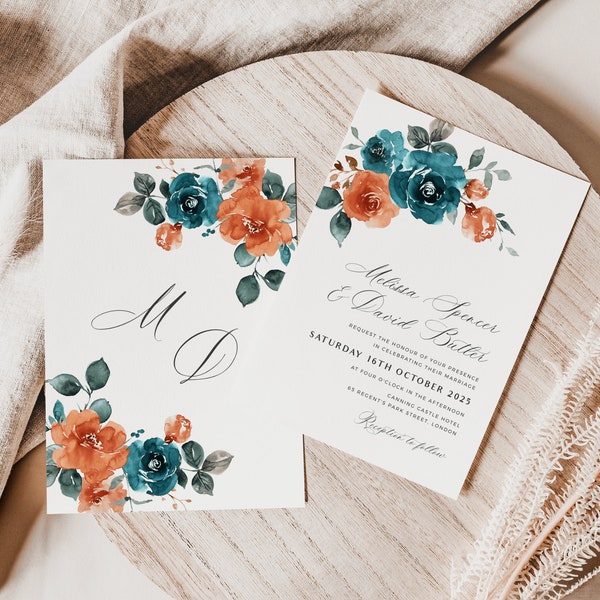 Teal and Orange Wedding Invitation Template, Modern Rustic Fall Invite, Autumn Floral Wedding Card, Printable, Editable DIY, PDT013