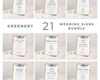Greenery Wedding Sign Bundle Templates, Modern Green Sage Wedding Reception Signs, Minimalist Elegant Cake Sign, Simple Guest Book, PDT006
