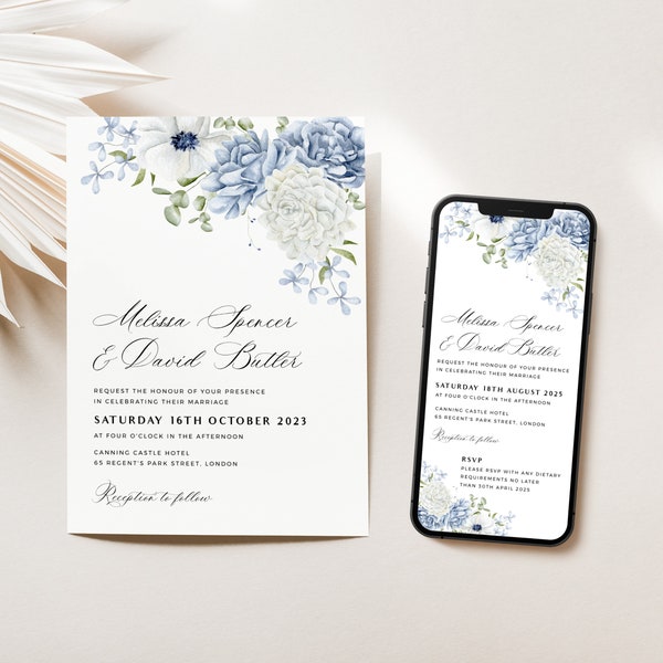 Dusty Blue Wedding Electronic Invitation, Light Blue Wedding Digital Text Message, E-vite, Wedding Smartphone Invite, Printable, DIY, PDT001