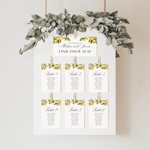 Plano de asientos para boda con limón, tarjetas imprimibles en amarillo cítrico, plano de asientos de mesa estilo italiano, plantillas editables de verano para tarjetas colgantes, PDT002