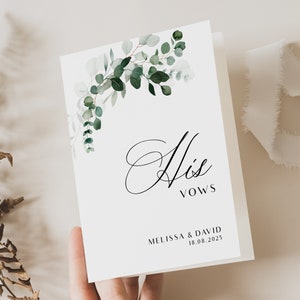 Modello per libretto dei voti "Modern Greenery", calligrafia moderna modificabile con fogliame, voti per lui e per lei, libro dei voti personalizzato stampabile in verde, PDT006
