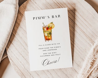 Minimalist Pimm's No.1 Bar Menu Template, Self-serve Pimm's Cup Poster, Modern Recipe Card, Cocktail Party Sign Template, Download PDT004