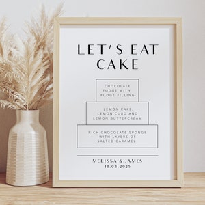 Moderne Kuchen Menü Schild Vorlage, minimalistische Hochzeit Let's Eat Cake Printable, 3 Tier Hochzeitstorte Geschmacksrichtungen Schild, bearbeitbarer Download, PDT005