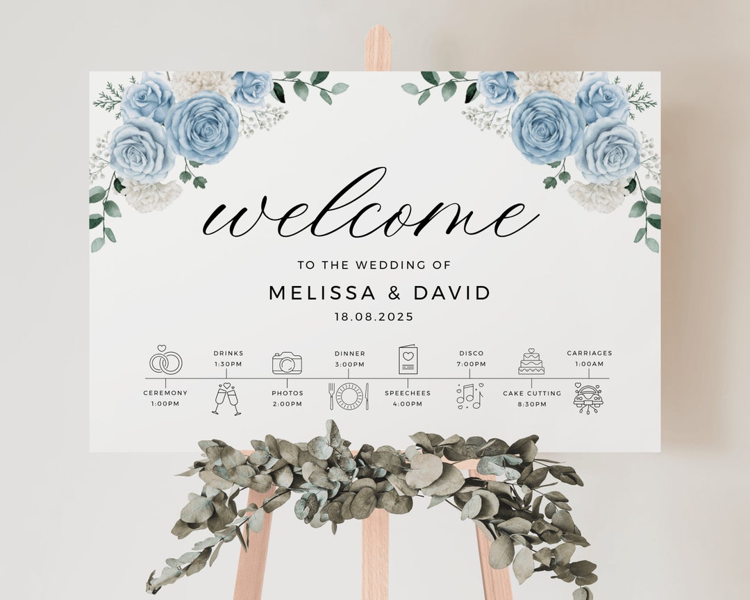 Dusty Blue Roses Welcome Timeline Wedding Sign Template, Simple Wedding ...
