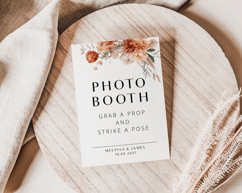 Burnt Orange Boho Photo Booth Sign Template, Terracotta Pampas Grass ...