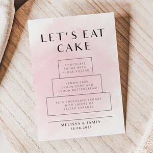 Minimalistische Rosa Kuchen Menü Schild Vorlage, Hochzeit Let's Eat Cake Printable, 3 Tier Hochzeitstorte Geschmacksrichtungen Schild, Bearbeitbarer Download, PDT007
