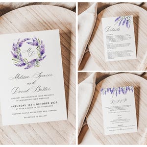 Könnte beinhalten: Hochzeitseinladungssuite mit Lavendel-Blumendesigns. Die Einladungskarte zeigt die Namen des Paares, das Hochzeitsdatum und den Ort. Die Detailkarte enthält Informationen über die Zeremonie und den Empfang. Die RSVP-Karte hat ein Lavendel-Blumendesign und den Text "RSVP".