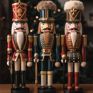 Puede incluir: Tres figuras de cascanueces de madera, cada una con un diseño diferente. La primera es un cascanueces tradicional rojo y dorado con barba blanca. La segunda es un cascanueces azul y dorado con barba negra. La tercera es un cascanueces rojo y dorado con barba blanca y sombrero negro.