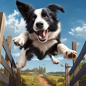 May include: A black and white border collie dog jumps over a wooden fence with a bright blue sky and green grass in the background.