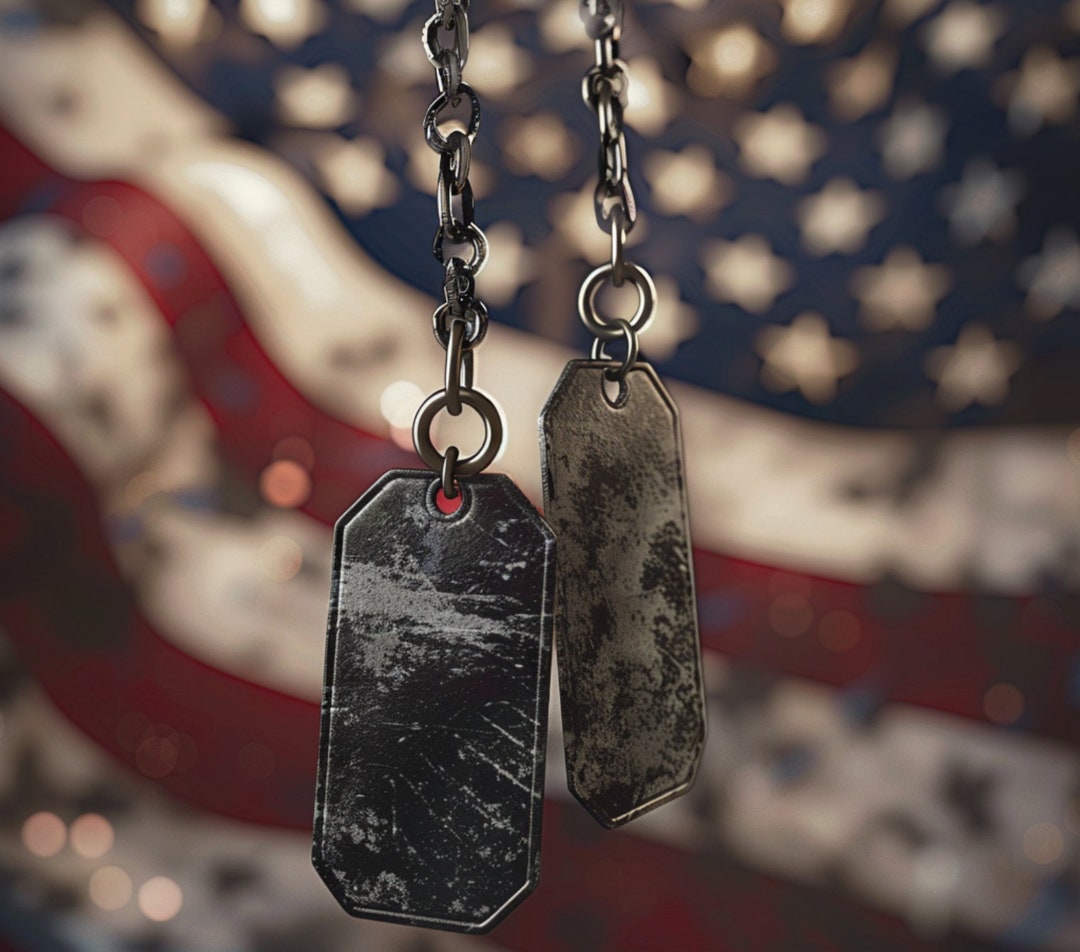 Dog Tags Hanging in Front of American Flag Backdrop 20 Oz Skinny ...