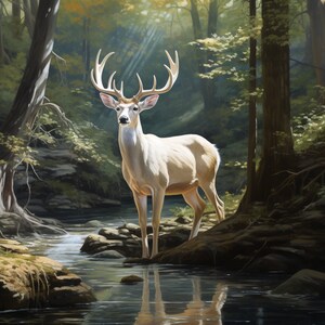 May include: A painting of a white deer with large antlers standing in a stream within a forest. The water reflects the deer and the surrounding trees. The forest is filled with green foliage and dappled sunlight.