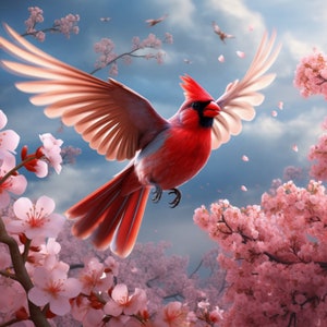 May include: A vibrant red cardinal bird with a long, pointed beak and bright red feathers is perched on a branch with pink cherry blossoms in the background.