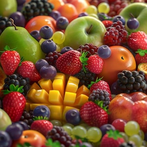 May include: A close-up of a variety of fresh fruits and berries, including strawberries, blueberries, blackberries, mangoes, peaches, and apples. The fruits are arranged in a colorful and appetizing display.