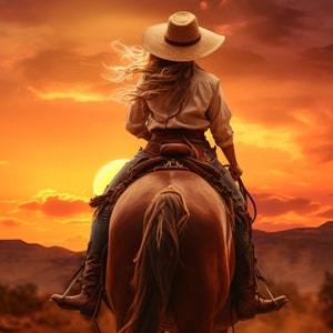 Cowgirl Riding Horse Into Sunset - 3D Sublimation 20 oz Skinny Straight Tumbler Wrap - 300 DPI PNG Commercial Use -